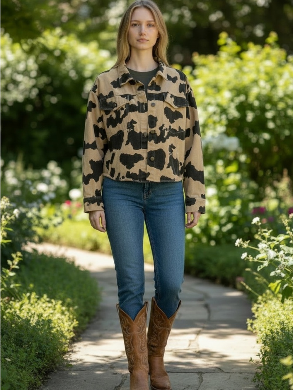 Cropped Cow Print Tan and Black Button-Up Jacket - Women’s XS Fits up to medium